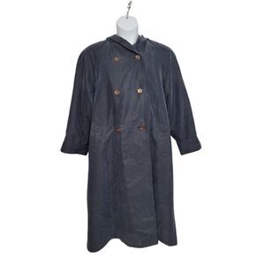 VINTAGE 90s trench‎ coat navy blue zip out wool liner hooded long L